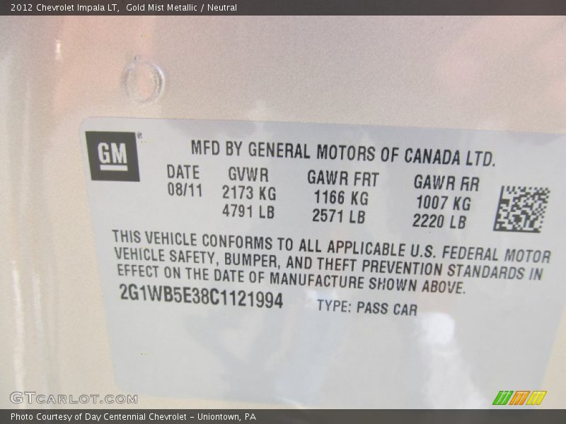 Gold Mist Metallic / Neutral 2012 Chevrolet Impala LT