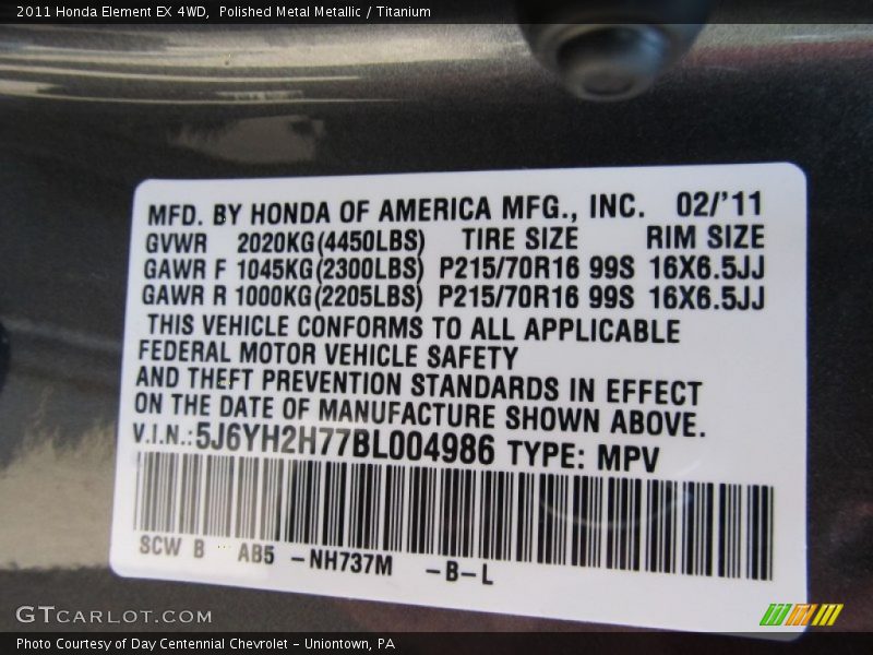 2011 Element EX 4WD Polished Metal Metallic Color Code NH737M