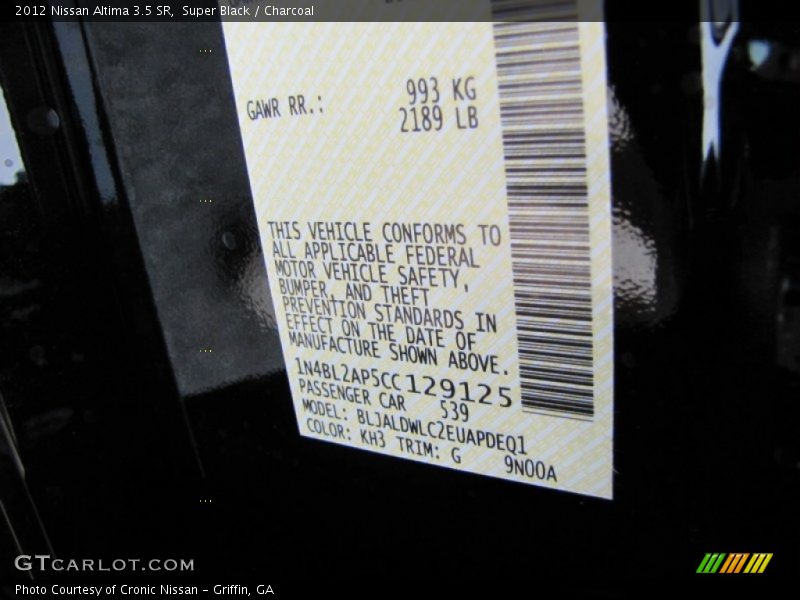 2012 Altima 3.5 SR Super Black Color Code KH3