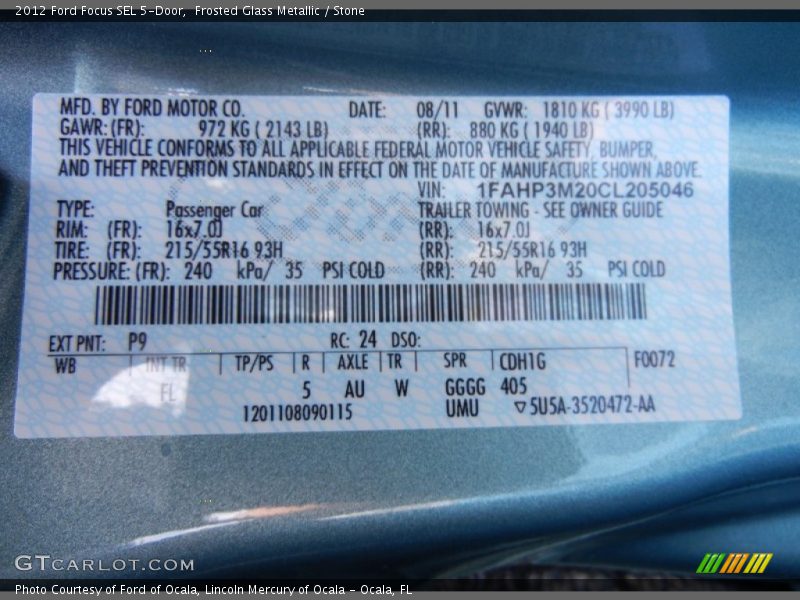 2012 Focus SEL 5-Door Frosted Glass Metallic Color Code P9