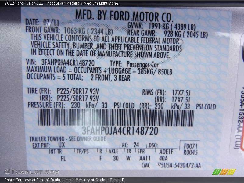 Ingot Silver Metallic / Medium Light Stone 2012 Ford Fusion SEL