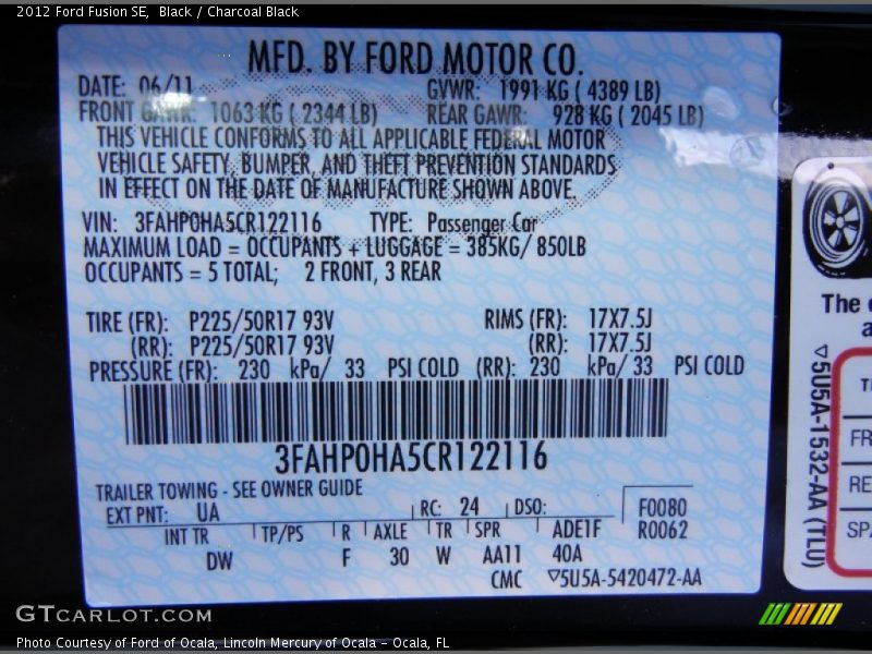 Black / Charcoal Black 2012 Ford Fusion SE
