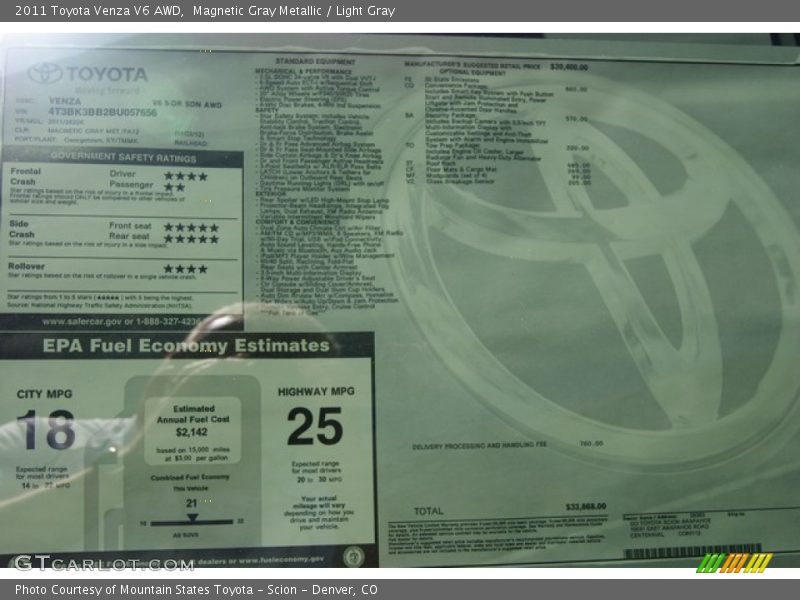 Magnetic Gray Metallic / Light Gray 2011 Toyota Venza V6 AWD