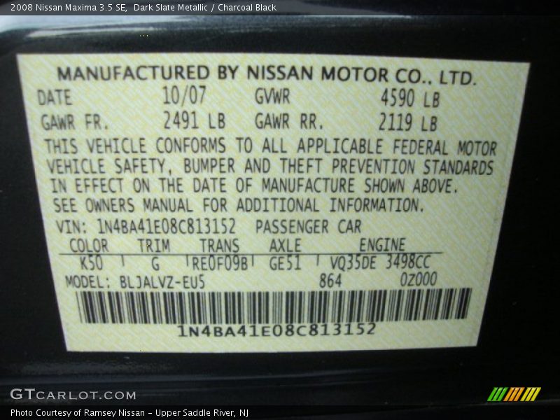 Dark Slate Metallic / Charcoal Black 2008 Nissan Maxima 3.5 SE