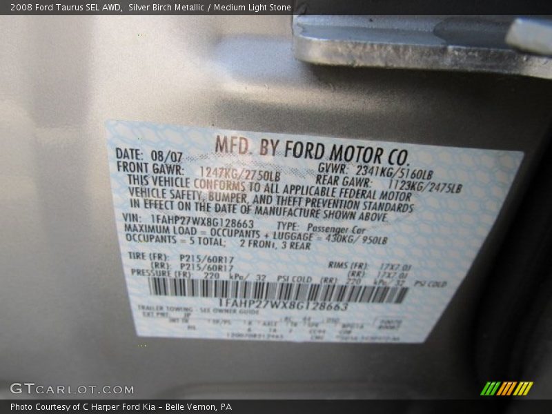 2008 Taurus SEL AWD Silver Birch Metallic Color Code JP