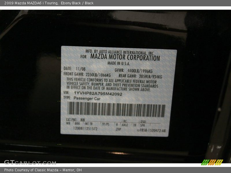 Ebony Black / Black 2009 Mazda MAZDA6 i Touring