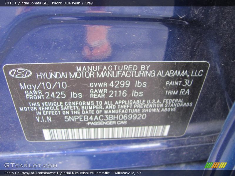 Pacific Blue Pearl / Gray 2011 Hyundai Sonata GLS