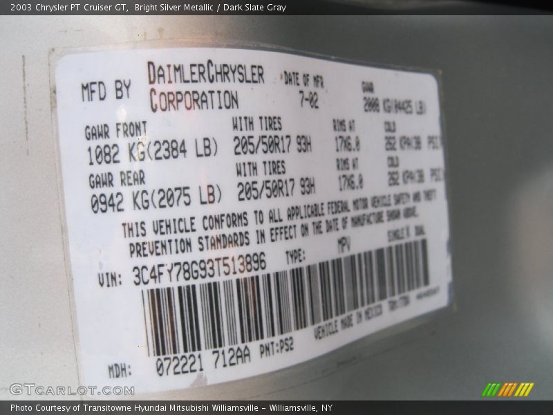 Bright Silver Metallic / Dark Slate Gray 2003 Chrysler PT Cruiser GT