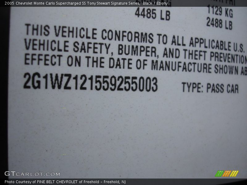 Black / Ebony 2005 Chevrolet Monte Carlo Supercharged SS Tony Stewart Signature Series