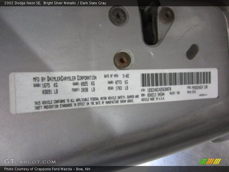 Bright Silver Metallic / Dark Slate Gray 2002 Dodge Neon SE