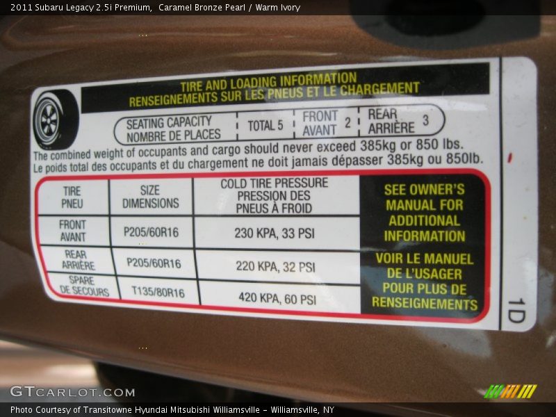 Caramel Bronze Pearl / Warm Ivory 2011 Subaru Legacy 2.5i Premium