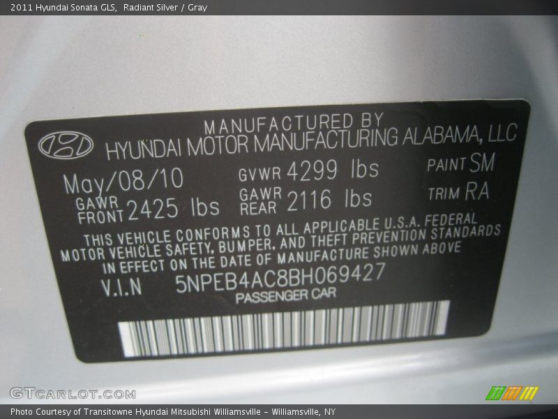 Radiant Silver / Gray 2011 Hyundai Sonata GLS
