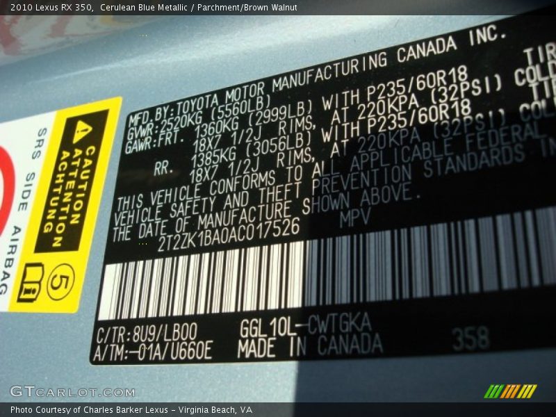 Cerulean Blue Metallic / Parchment/Brown Walnut 2010 Lexus RX 350