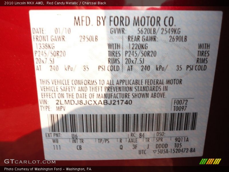 Red Candy Metallic / Charcoal Black 2010 Lincoln MKX AWD