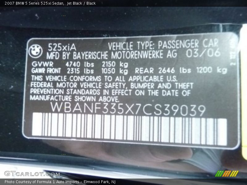 Jet Black / Black 2007 BMW 5 Series 525xi Sedan