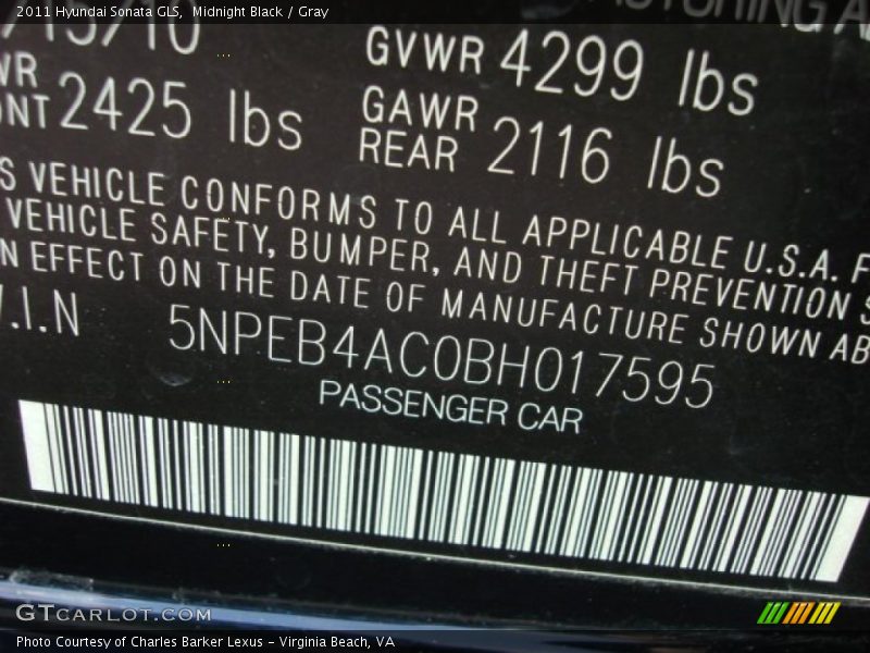 Midnight Black / Gray 2011 Hyundai Sonata GLS