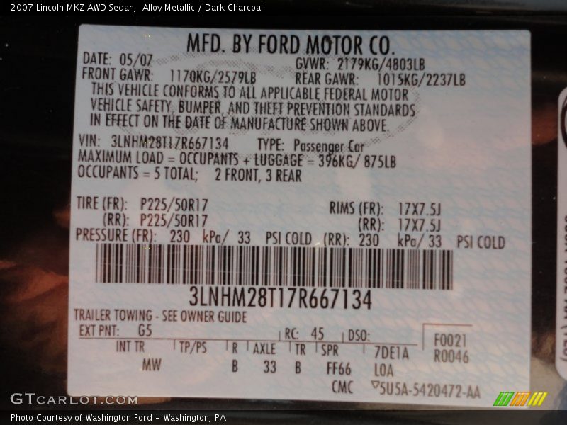 Alloy Metallic / Dark Charcoal 2007 Lincoln MKZ AWD Sedan