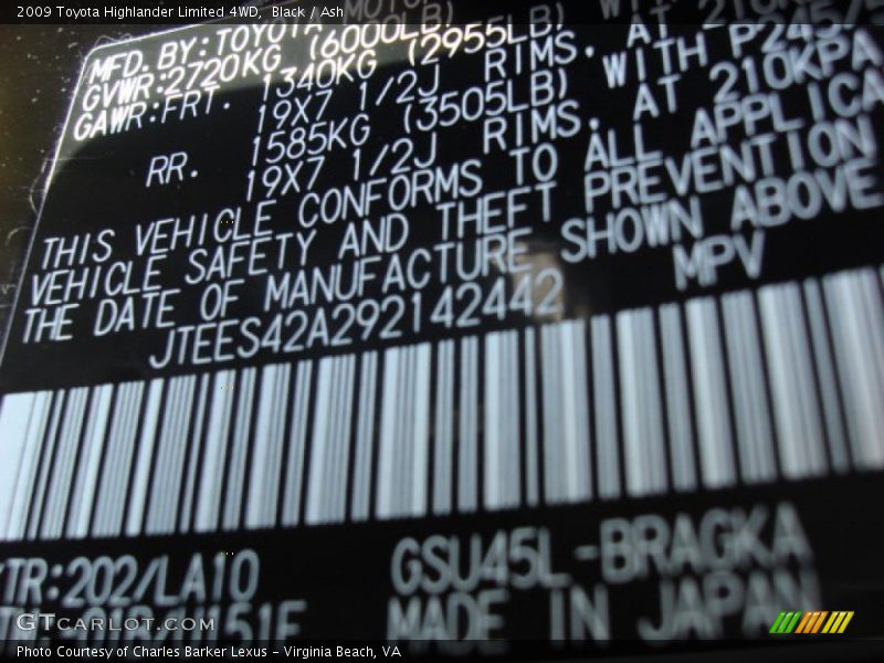 Black / Ash 2009 Toyota Highlander Limited 4WD