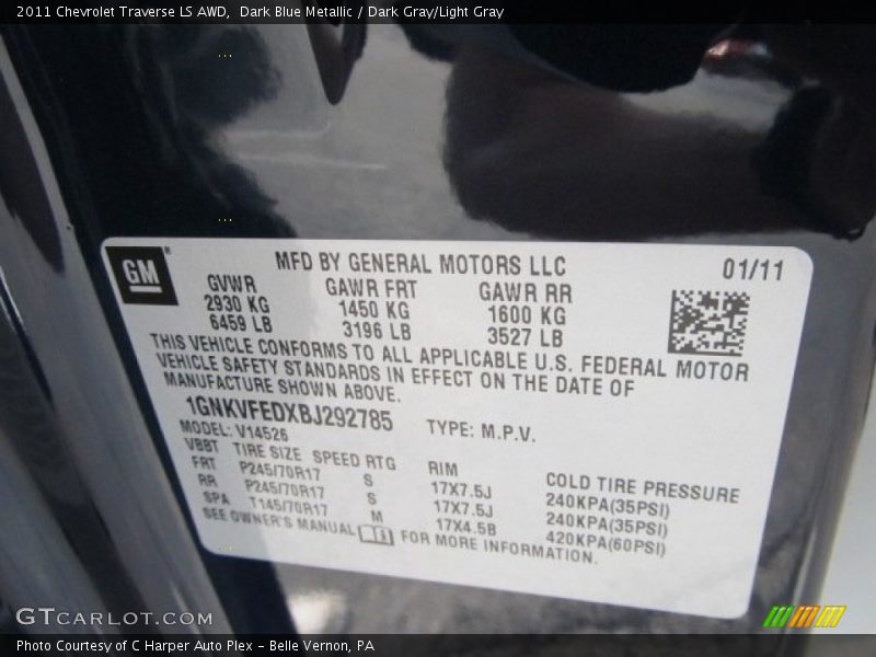 Dark Blue Metallic / Dark Gray/Light Gray 2011 Chevrolet Traverse LS AWD