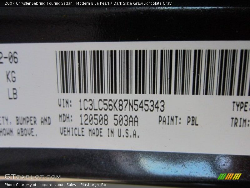 Modern Blue Pearl / Dark Slate Gray/Light Slate Gray 2007 Chrysler Sebring Touring Sedan