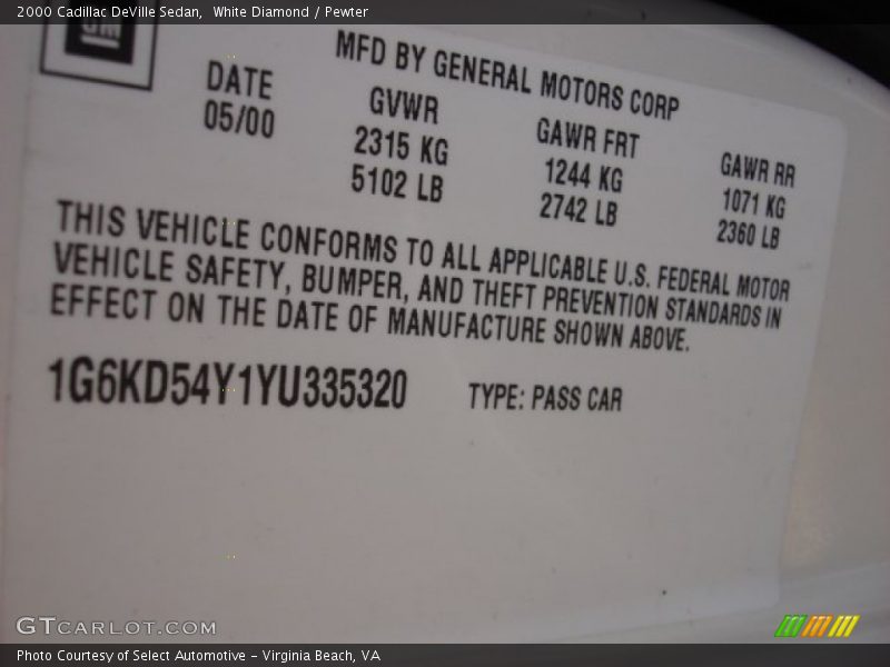 White Diamond / Pewter 2000 Cadillac DeVille Sedan