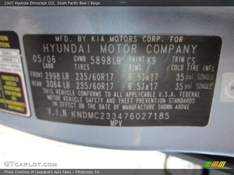 South Pacific Blue / Beige 2007 Hyundai Entourage GLS