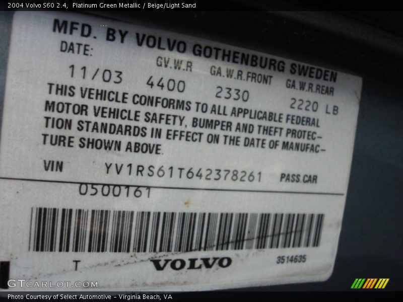 Platinum Green Metallic / Beige/Light Sand 2004 Volvo S60 2.4