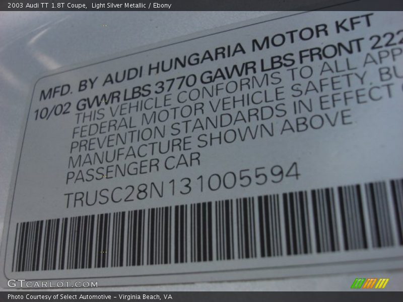 Light Silver Metallic / Ebony 2003 Audi TT 1.8T Coupe