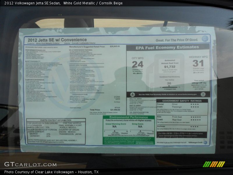 White Gold Metallic / Cornsilk Beige 2012 Volkswagen Jetta SE Sedan