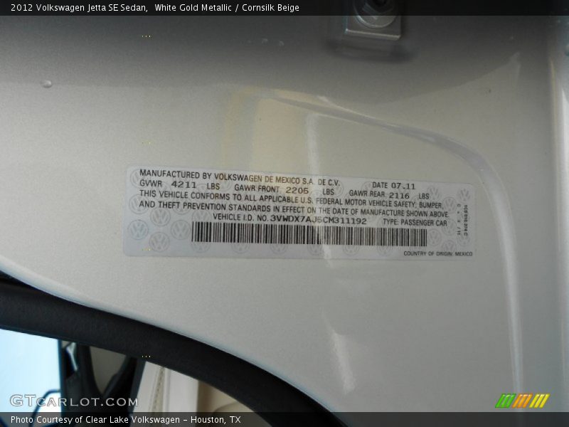 White Gold Metallic / Cornsilk Beige 2012 Volkswagen Jetta SE Sedan