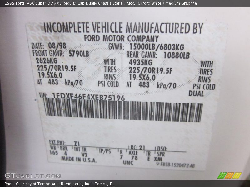 Oxford White / Medium Graphite 1999 Ford F450 Super Duty XL Regular Cab Dually Chassis Stake Truck