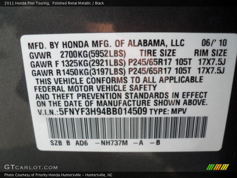 Polished Metal Metallic / Black 2011 Honda Pilot Touring