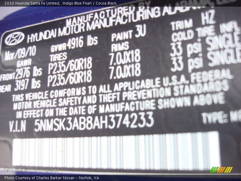 Indigo Blue Pearl / Cocoa Black 2010 Hyundai Santa Fe Limited