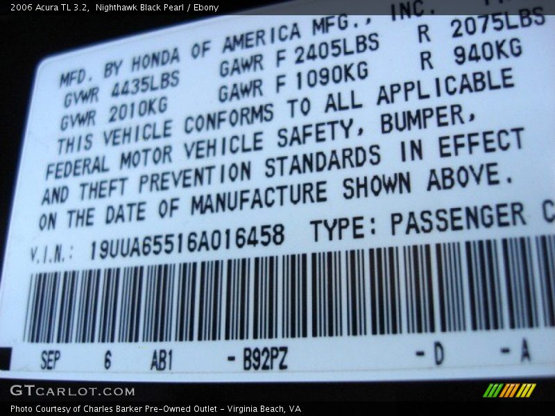 Nighthawk Black Pearl / Ebony 2006 Acura TL 3.2
