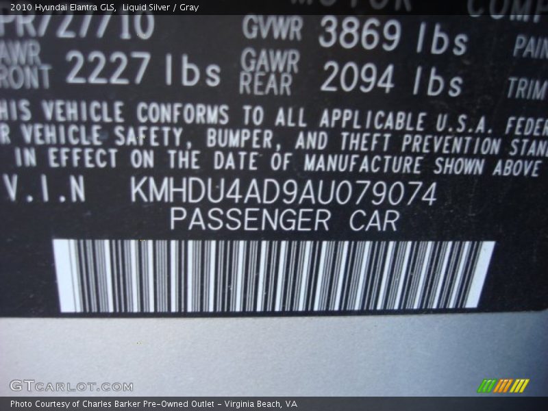 Liquid Silver / Gray 2010 Hyundai Elantra GLS