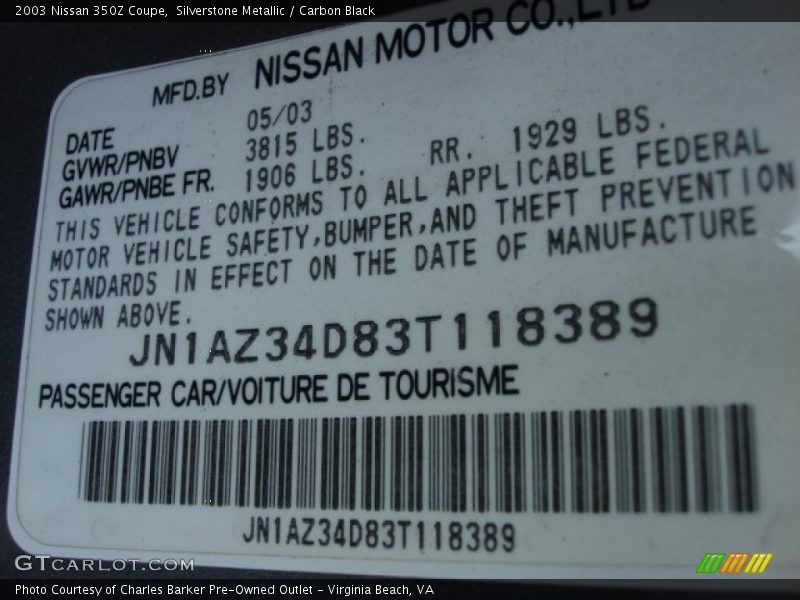 Silverstone Metallic / Carbon Black 2003 Nissan 350Z Coupe