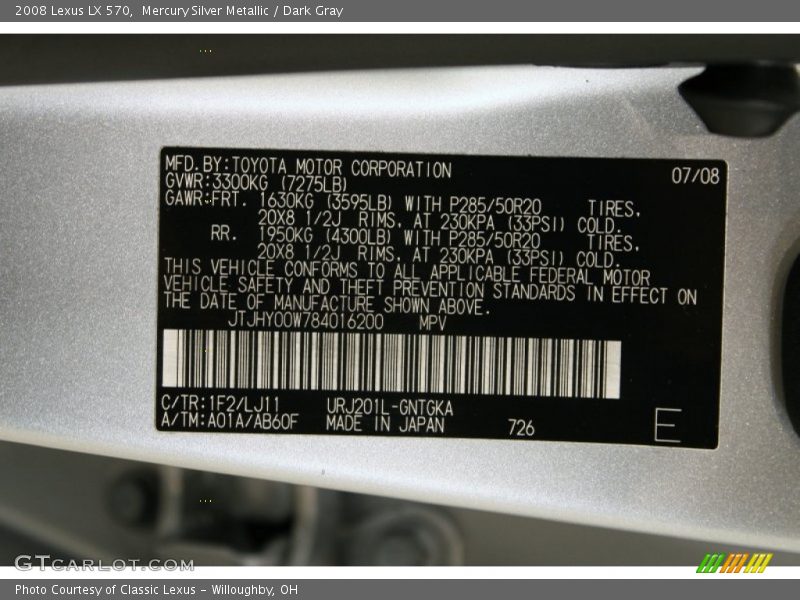 Mercury Silver Metallic / Dark Gray 2008 Lexus LX 570