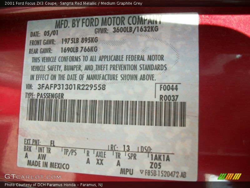 Sangria Red Metallic / Medium Graphite Grey 2001 Ford Focus ZX3 Coupe