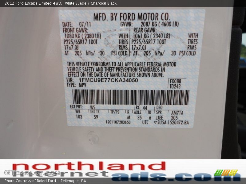 White Suede / Charcoal Black 2012 Ford Escape Limited 4WD