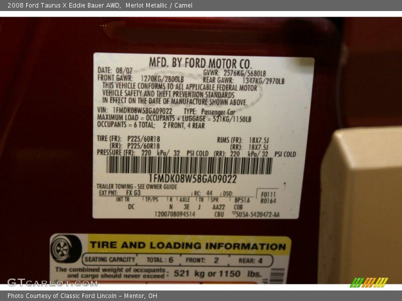 2008 Taurus X Eddie Bauer AWD Merlot Metallic Color Code FX