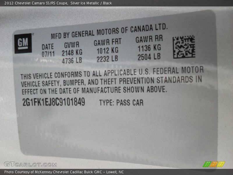 Silver Ice Metallic / Black 2012 Chevrolet Camaro SS/RS Coupe