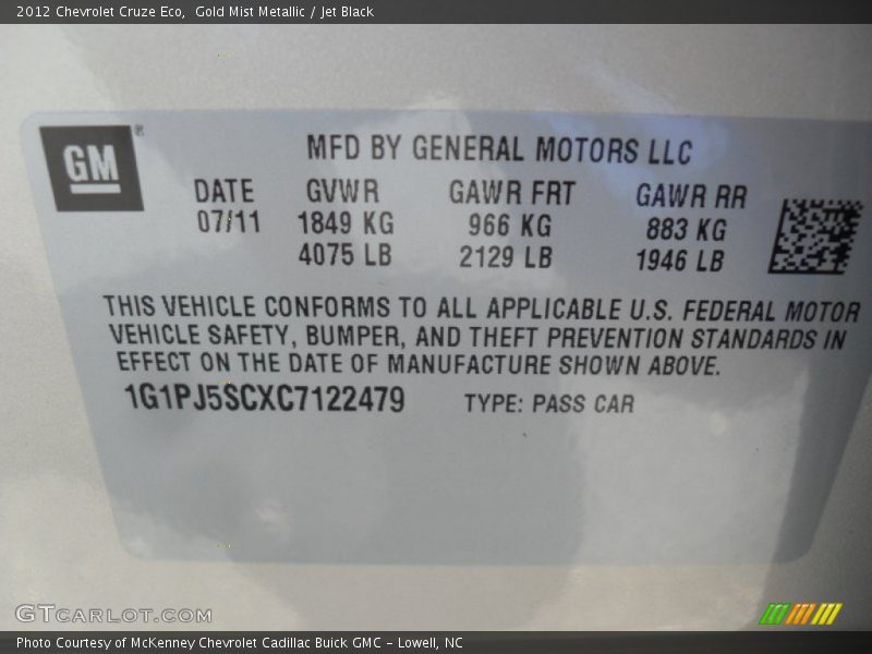 Gold Mist Metallic / Jet Black 2012 Chevrolet Cruze Eco