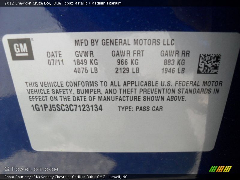 Info Tag of 2012 Cruze Eco