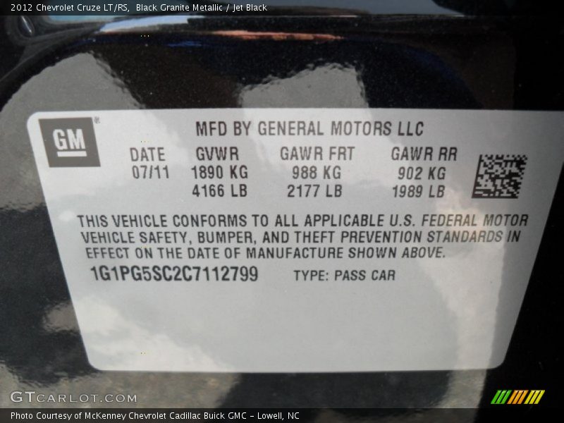 Black Granite Metallic / Jet Black 2012 Chevrolet Cruze LT/RS