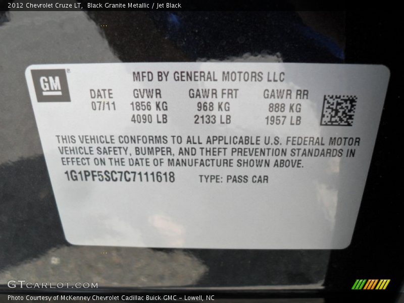 Black Granite Metallic / Jet Black 2012 Chevrolet Cruze LT