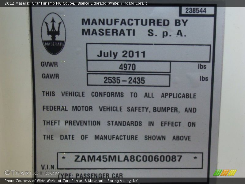 Info Tag of 2012 GranTurismo MC Coupe