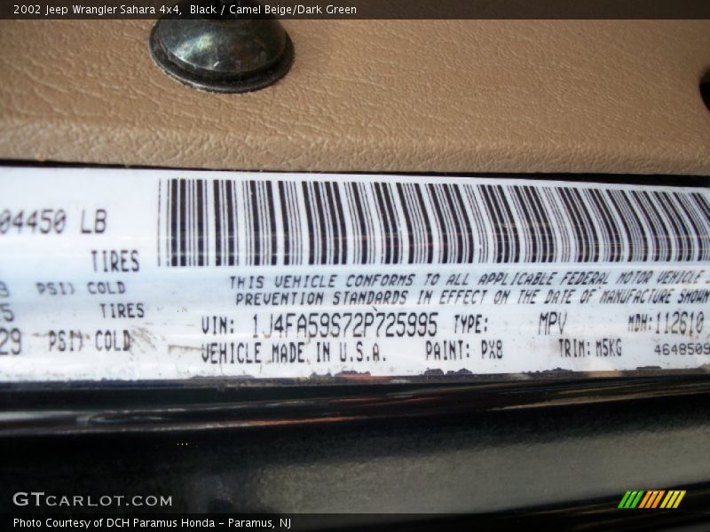 Black / Camel Beige/Dark Green 2002 Jeep Wrangler Sahara 4x4