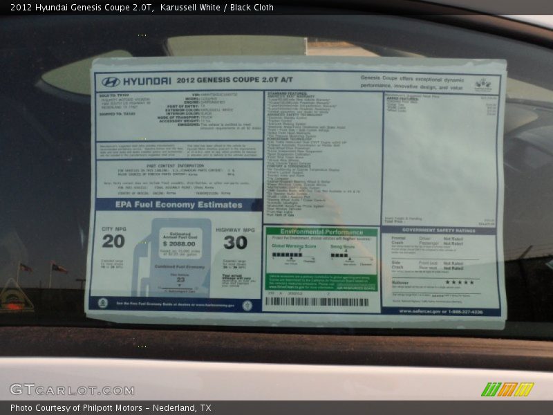  2012 Genesis Coupe 2.0T Window Sticker
