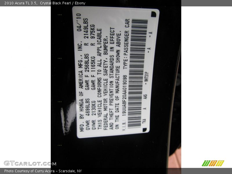 Crystal Black Pearl / Ebony 2010 Acura TL 3.5
