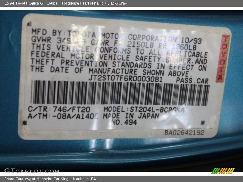 1994 Celica GT Coupe Torquoise Pearl Metallic Color Code 746